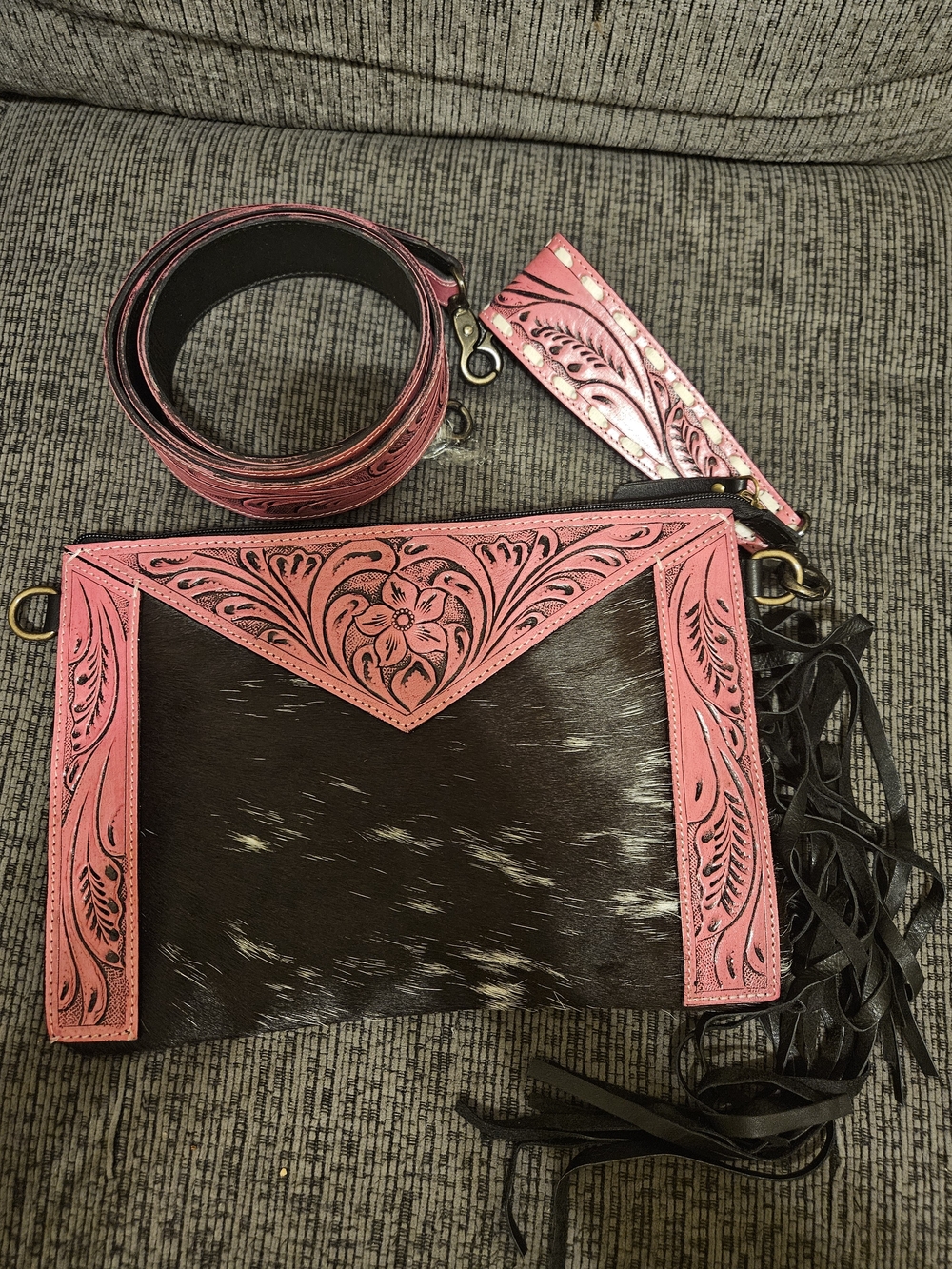 Hand-Tooled Pink Trim Black Hair-On Hide Crossbody with Fringe